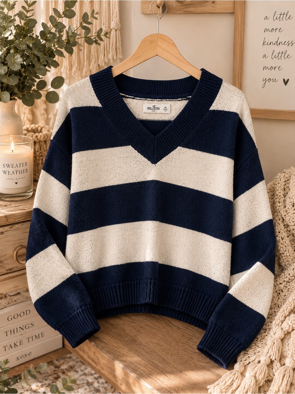 Hollister Classic Navy & Cream Striped V-Neck Sweater